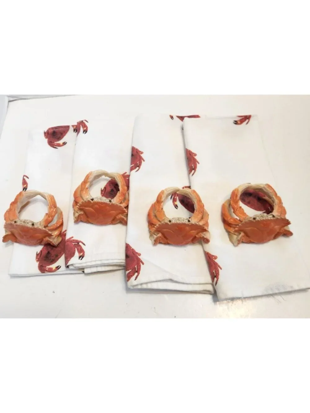 Maryland Crab Cloth Napkins by Cally & Co with Crab Rings Set Of 4 READ